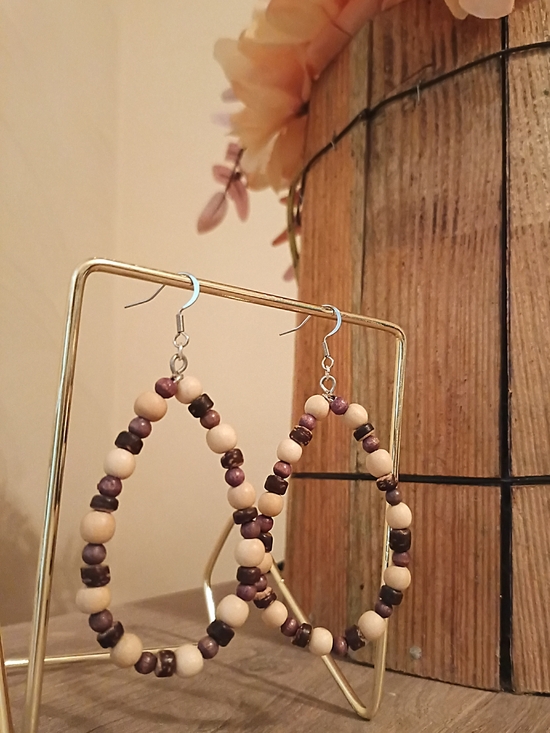 Jewelry - Handmade Beige and Brown Beaded Teardrop Earrings